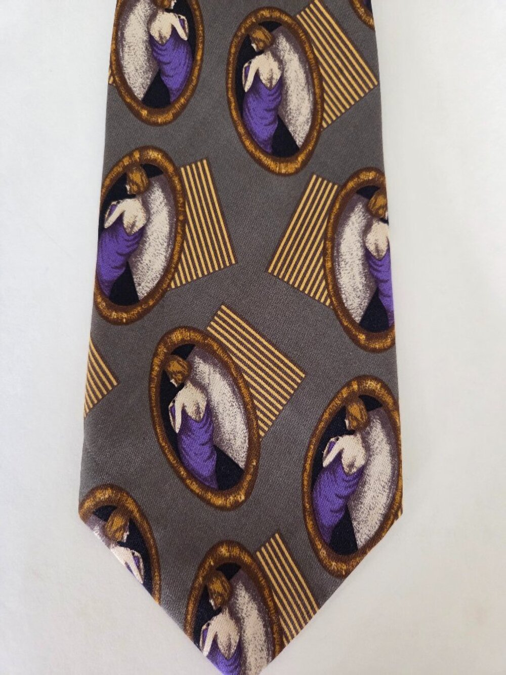 Sage Green Silk Tie with Purple Portrait Motif